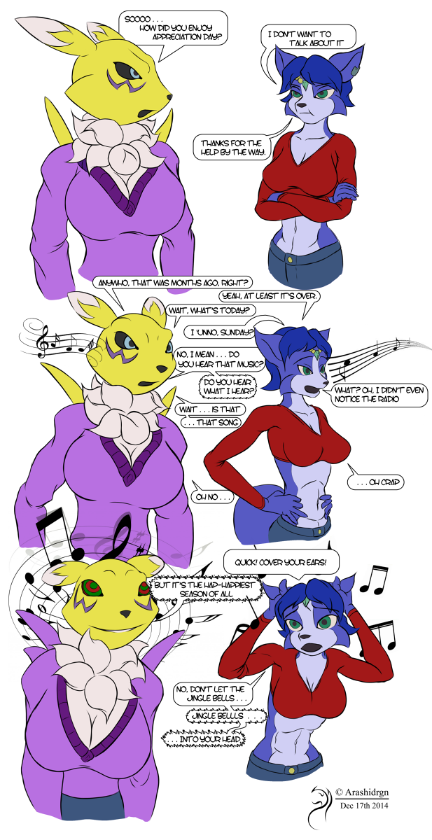 2014 anthro arashidrgn bandai big_breasts blue_eyes breasts chest_tuft christmas cleavage clothed clothing digimon duo female fur hair holidays hypnosis krystal mammal mind_control navel nintendo renamon smile star_fox tuft video_games