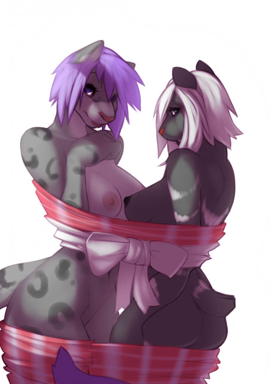 2014 anthro areola big_areola big_lips black_nipples breasts butt duo eyelashes feline female leopard lost-paw mammal nipples nude plain_background purple_eyes ribbons side_boob snow_leopard spots white_background