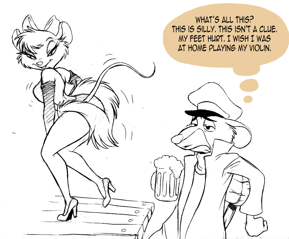alcohol anthro basil beer beverage bored bow breasts burlesque butt chochi duo english_text female hat high_heels male mammal miss_kitty_mouse mouse rodent sad shaking_butt smile stripper text the_great_mouse_detective