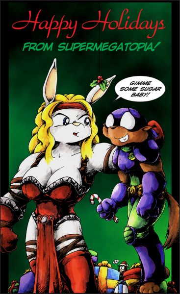 anthro big_breasts blonde_hair breasts candy_cane christmas cleavage clothed clothing delilah dialogue drake_fenwick duo english_text female gloves hair headband holidays holly_(plant) lagomorph legwear loincloth mammal mask muscles muscular_female mustelid plant rabbit superhero supermegatopia text thigh_highs weasel weasel_boy