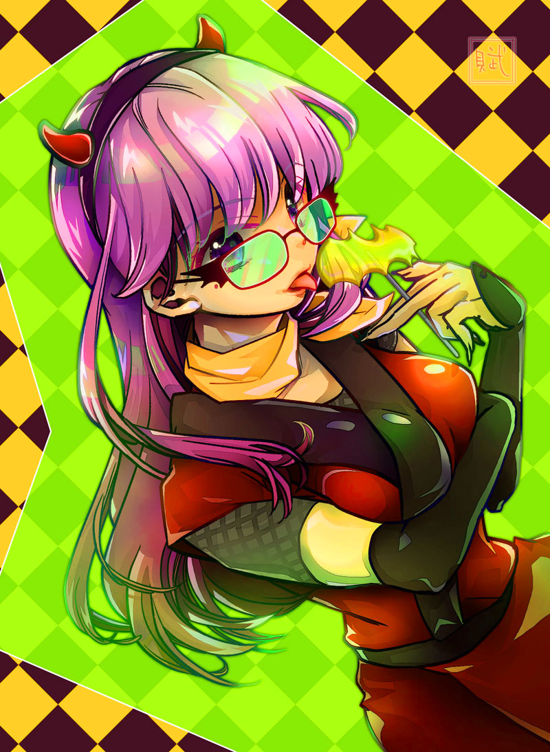 1girl bangs candy commentary_request demon_horns dutch_angle food gintama glasses hairband halloween horned_headwear horns japanese_clothes lollipop long_hair mole mole_under_eye ninja purple_eyes purple_hair red-framed_eyewear sarutobi_ayame scarf solo tongue tongue_out yellow_scarf
