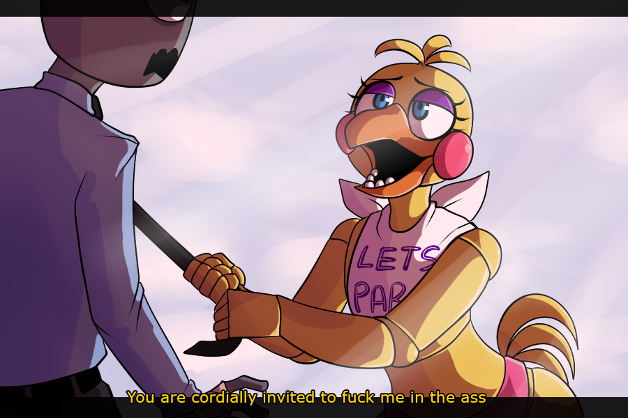 2014 animatronic anthro avian beak bib bird blue_eyes chicken clothed clothing dialogue duo female five_nights_at_freddy's five_nights_at_freddy's_2 human inviting machine male mammal mechanical mike_schmidt necktie night_guard rebornica robot simple_background text toy_chica_(fnaf) yellow_feathers