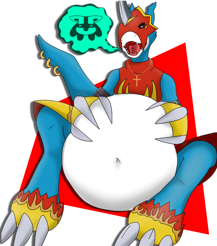 2014 anthro armor bandai belly big_belly blue_skin burping digimon flamedramon guilmon1998 jake_the_flamedramon lucario male navel nintendo open_mouth percing piercing pok&eacute;mon red_eyes soft_vore solo tongue tongue_out video_games vore