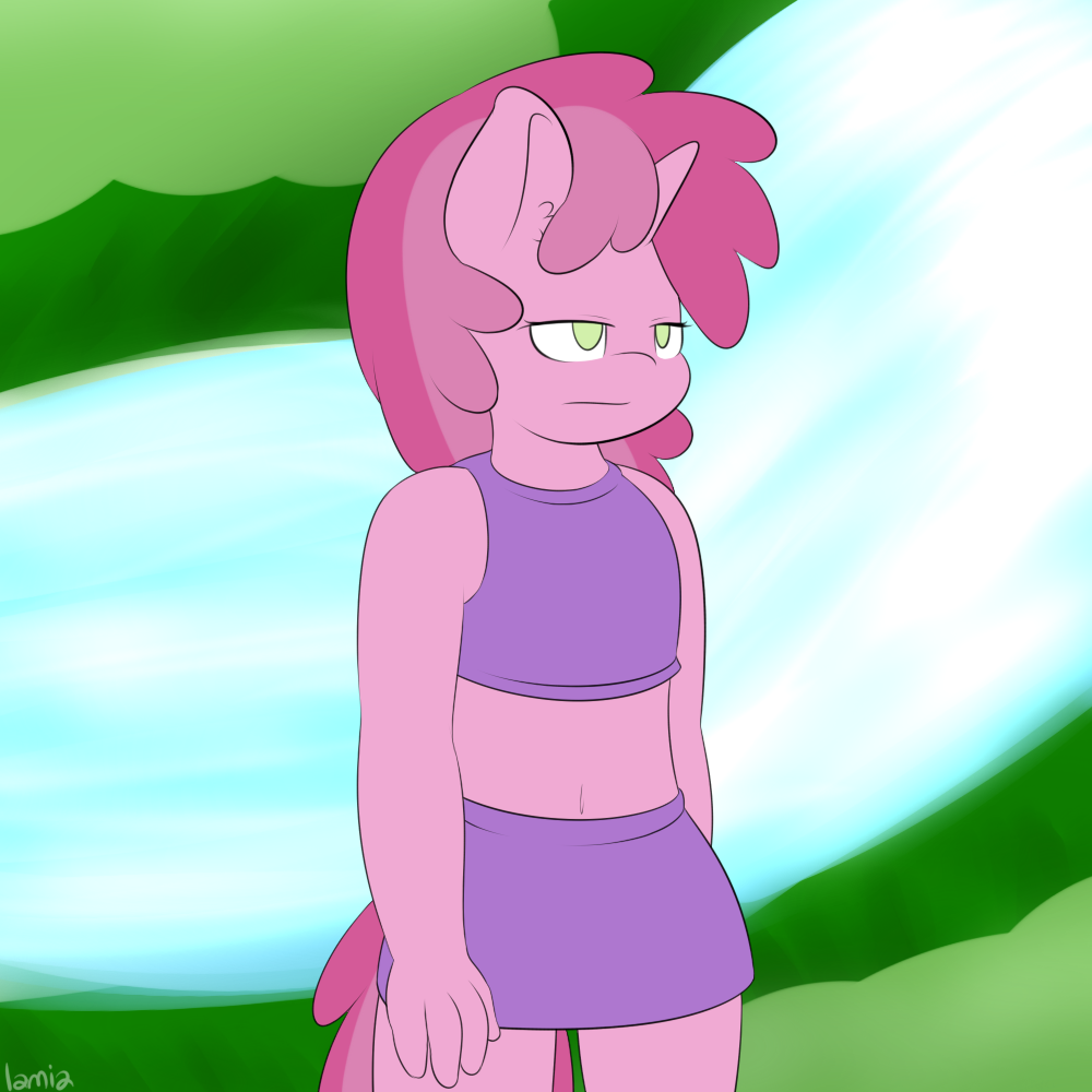 2014 anthro anthrofied berry_pinch_(mlp) clothing equine female friendship_is_magic fur green_eyes hair horn lamiaaaa mammal my_little_pony navel pink_fur river solo swimsuit two_tone_hair unicorn water