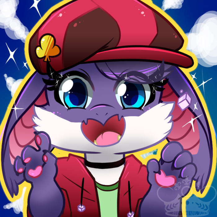 2014 ambiguous_gender anthro blue_eyes clothing cloud cute dessy dragon fur furred_dragon hat hoodie looking_at_viewer pawpads paws purple_fur shiny shirt sky solo sparkling tongue whimsydreams