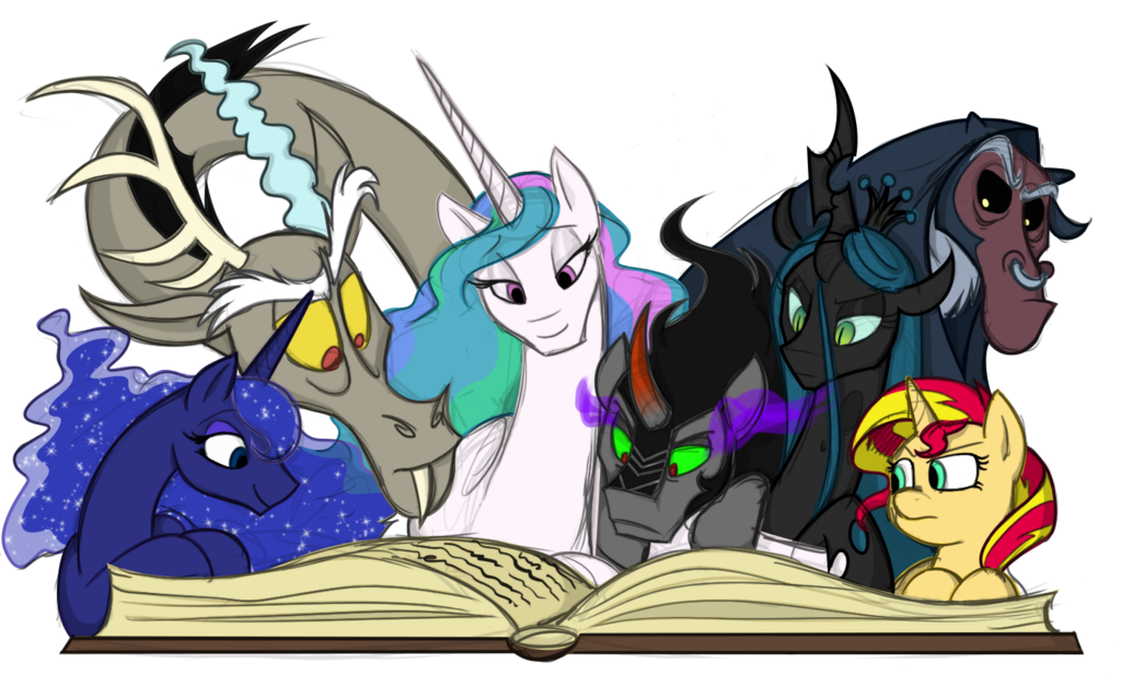 2014 alpha_channel book centaur changeling discord_(mlp) draconequus equestria_girls equine female feral friendship_is_magic group horn horse human king_sombra_(mlp) male mammal mickeymonster my_little_pony princess_celestia_(mlp) princess_luna_(mlp) queen_chrysalis_(mlp) sunset_shimmer_(eg) taur tirek_(mlp) unicorn winged_unicorn wings