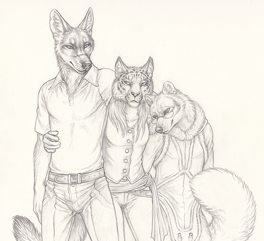 2014 anthro canine clothing dress eyewear feline female fox glasses group hug lynx male mammal rukis shaded sketch wolf