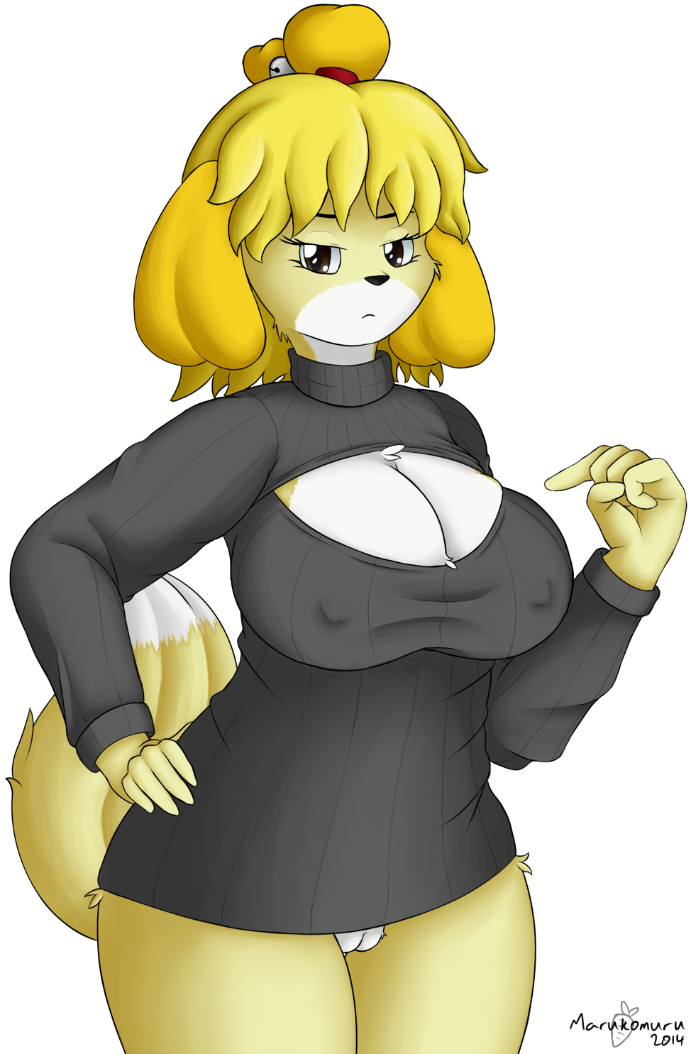 2014 alpha_channel animal_crossing anthro big_breasts black_sweater blonde_hair bottomless breasts brown_eyes canine cleavage clothed clothing dissapointed dog female frown fur glare hair half-dressed isabelle_(animal_crossing) keyhole_turtleneck looking_at_viewer mammal marukomuru nintendo nipple_bulge plain_background pointing pussy solo sweater thick_thighs transparent_background upset video_games wide_hips yellow_fur