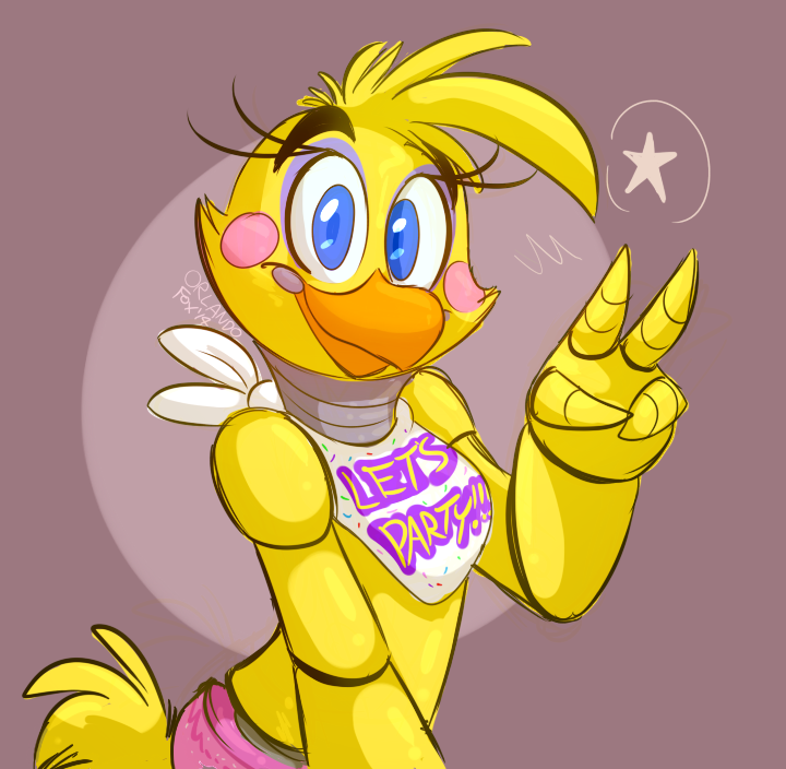 2014 4_fingers animatronic anthro avian beak bib bird blue_eyes brown_background chicken cute english_text female five_nights_at_freddy's five_nights_at_freddy's_2 fur looking_at_viewer machine mechanic mechanical plain_background robot smile solo star text thedoggygal toy_chica_(fnaf) v_sign watermark yellow_fur