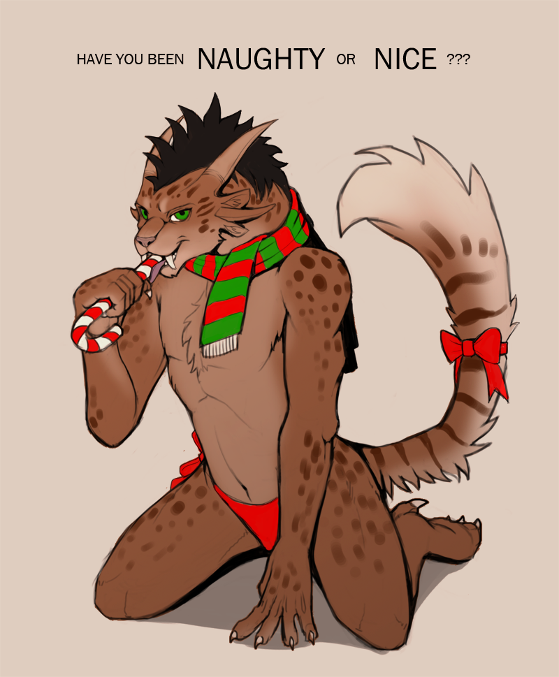 ambiguous_gender anthro bow_tie candy_cane charr christmas clothed clothing feline green_eyes guild_wars half-dressed holidays kneeling looking_at_viewer mammal masculine oral_fixation panties scarf seductive side-tie_panties slash0x solid_background solo topless underwear video_games