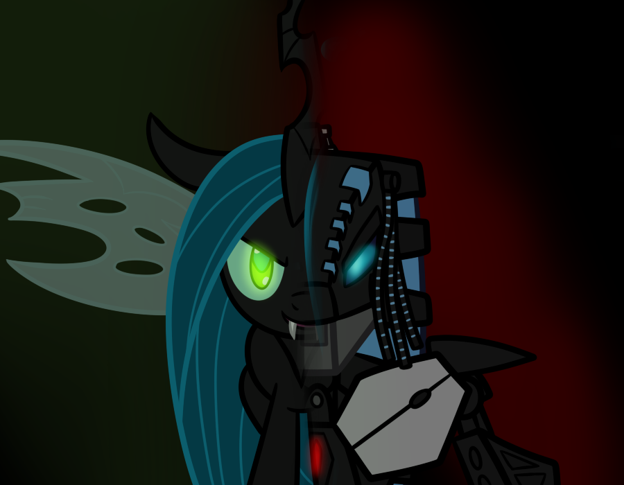 abstract_background bionicle black_fur blue_eyes equine female friendship_is_magic fur green_eyes horn looking_at_viewer machine mammal mechanical my_little_pony queen_chrysalis_(mlp) robot roodaka smile teal_hair teeth tertonda_(artist) vortixx