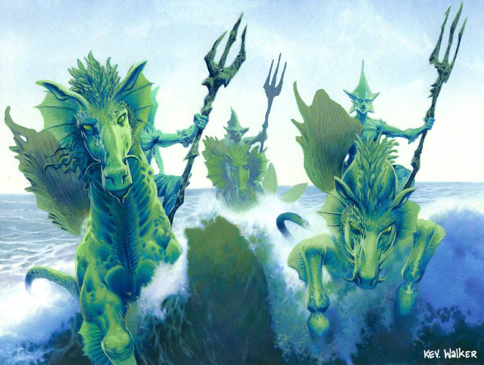 ambiguous_gender anthro charging crest group hippocampus holding_weapon kev_walker magic_the_gathering male marine merfolk official_art polearm restricted_palette riding sea signature trident water wave weapon