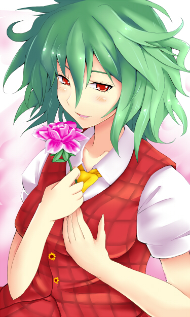 bad_id bad_pixiv_id flower green_hair holding holding_flower kazami_yuuka necktie plaid plaid_skirt plaid_vest red_eyes short_hair skirt skirt_set smile solo touhou upper_body vest yude