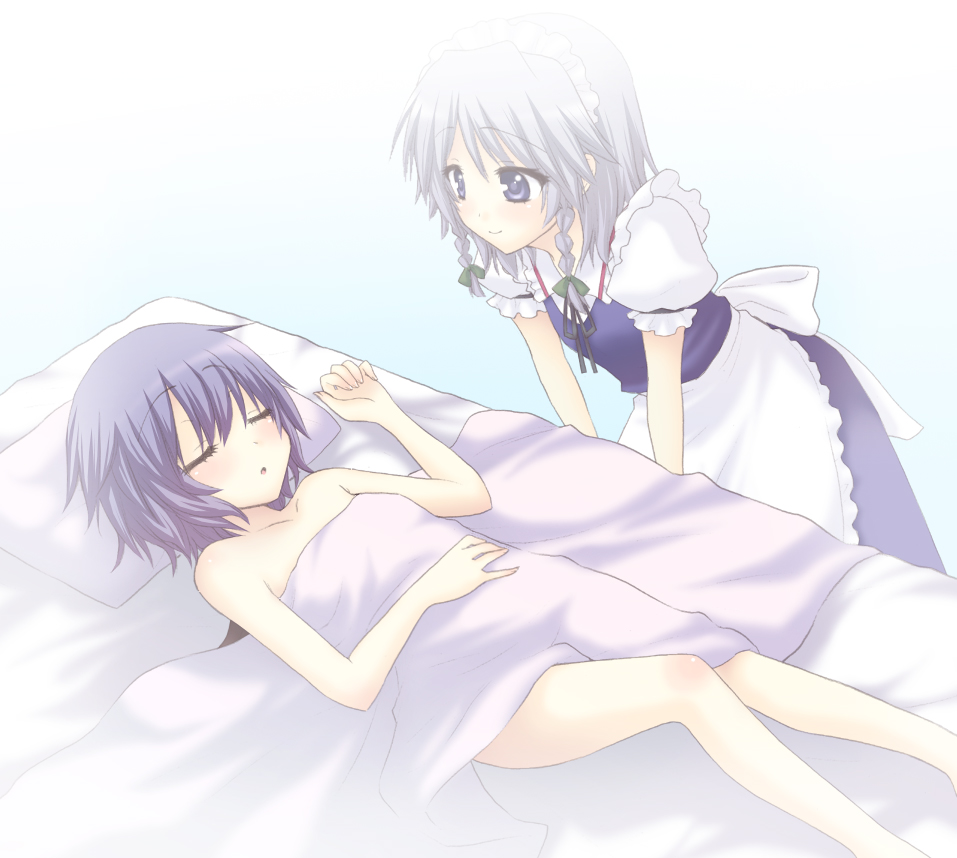 bed blanket blue_eyes braid closed_eyes izayoi_sakuya lavender_hair lying multiple_girls naked_sheet nude on_back remilia_scarlet saki_chisuzu short_hair silver_hair sleeping smile touhou twin_braids wings