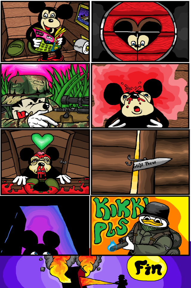 blood burning comic death disney dolan donald_duck flamethrower gore gun male mickey_mouse pete ranged_weapon schutzstaffel unknown_artist weapon wehrmacht