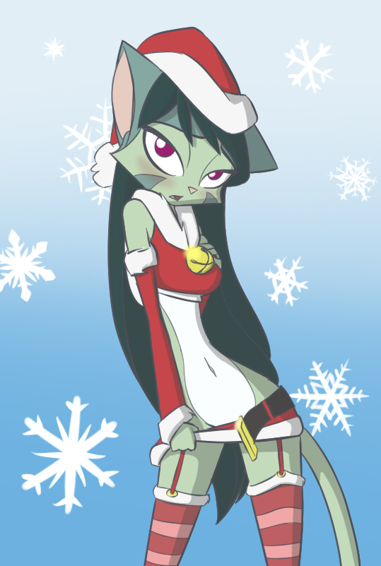 anthro barbadosslim christmas dreamkeepers feline female fur green_fur hat holidays legwear lilith_calah looking_at_viewer mammal navel pom_hat purple_eyes santa_costume santa_hat skinny solo stockings