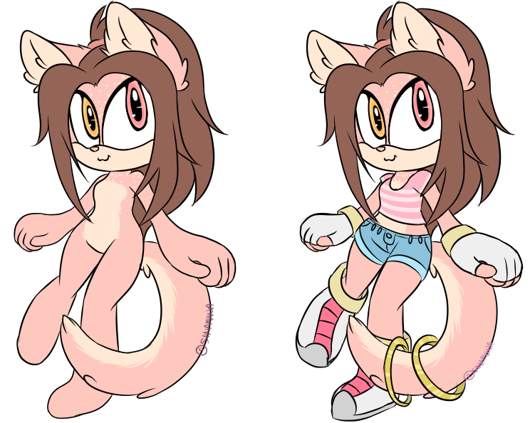 :3 anthro black_background boots brown_hair chinchilla cinnamon_(sinamuna) clothing fingerless_gloves footwear freckles fur gloves hair heterochromia invalid_tag mammal pink_eyes pink_fur ponytail rodent shorts simple_background sinamuna solo sonic_(series) striped_shirt tail_rings yellow_eyes