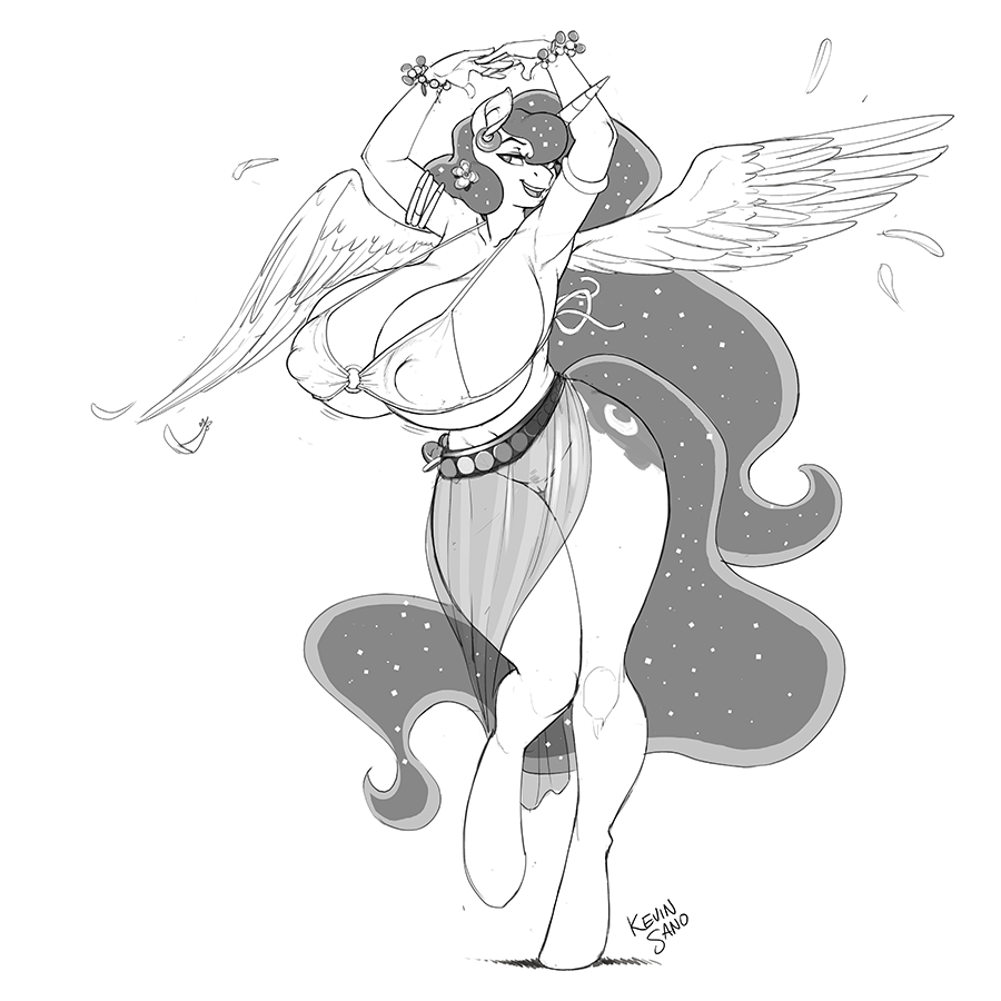 2014 anthro big_breasts breasts cleavage clothed clothing equine female friendship_is_magic greyscale hair horn huge_breasts kevinsano long_hair mammal monochrome my_little_pony nipple_bulge nipples plain_background princess_luna_(mlp) pussy skimpy smile solo thick_thighs white_background wide_hips winged_unicorn wings