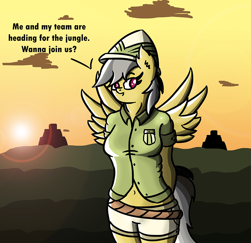 2014 anthro anthrofied clothing daring_do daring_do_(mlp) equine female friendship_is_magic fur hair looking_at_viewer mammal my_little_pony navel pegasus rope shirt shorts solo sparkler99 sunset temple wings