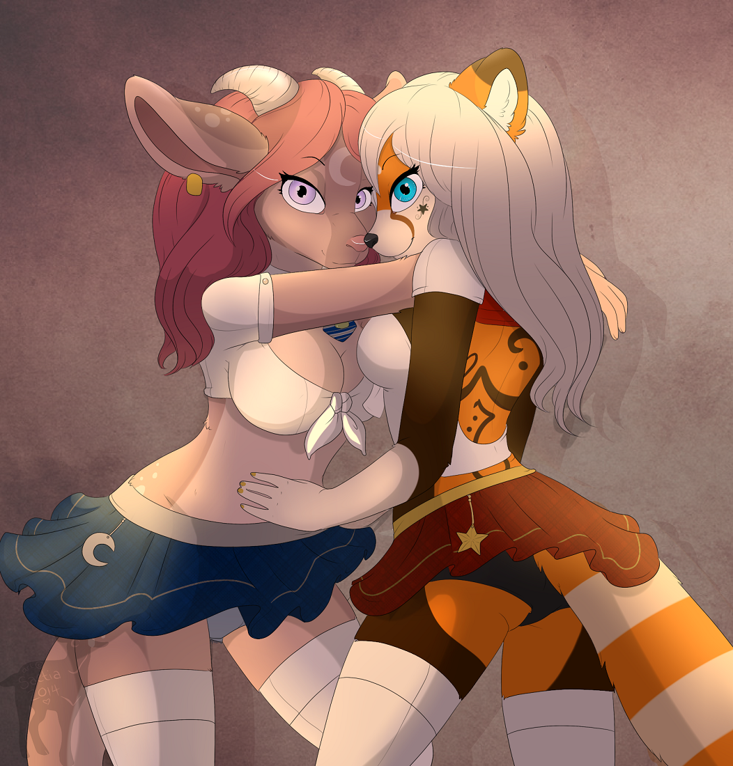 anthro black_nose blue_eyes breasts butt caprine clothing cute female fluffy_tail goat hair horn laleh legwear lesbian looking_at_viewer looking_back mammal moon panties pink_eyes pink_nose red_panda saetia schoolgirl side_boob skirt star stockings underwear upskirt white_hair