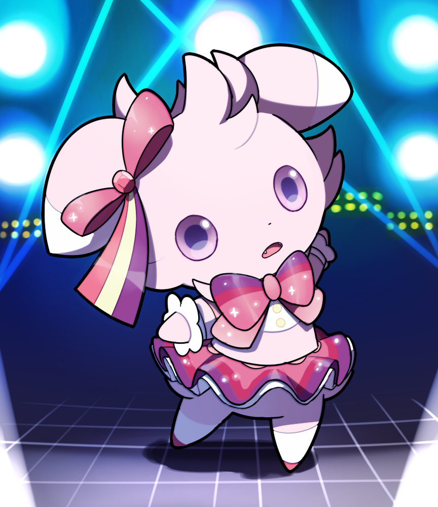 ambiguous_gender bow dress espurr fuchsia_(artist) looking_at_viewer nintendo pok&eacute;mon pokemon_contest solo standing stare tutu video_games