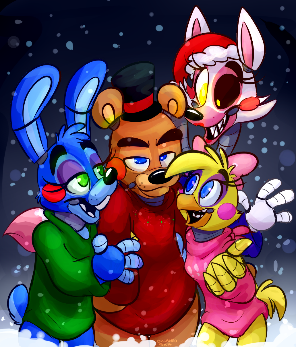 2014 animatronic anthro avian beak bear bird blue_eyes canine chicken christmas clothed clothing female five_nights_at_freddy's_2 fox glowing glowing_eyes green_eyes group hat holidays hug lagomorph looking_at_viewer machine male mammal mangle_(fnaf) mechanical open_mouth rabbit ribbons robot santa_hat smile snow snowing standing sweater thedoggygal top_hat toy_bonnie_(fnaf) toy_chica_(fnaf) toy_freddy_(fnaf) waving yellow_eyes