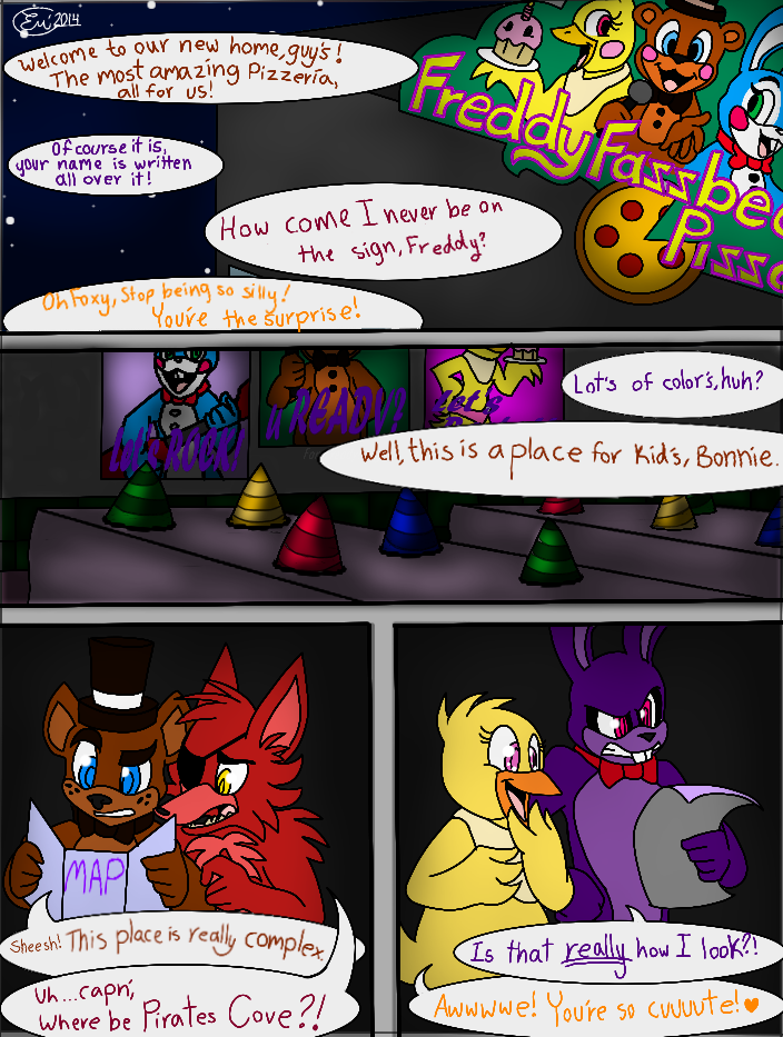 2014 anthro bear bib blue_eyes bonnie_(fnaf) bow canine chest_tuft chica_(fnaf) comic confusion cupcake dark dialogue emmonsta english_text eye_patch eyewear female five_nights_at_freddy's five_nights_at_freddy's_2 food fox foxy_(fnaf) freddy_(fnaf) fur green_eyes hat hook lagomorph male mammal map microphone party_hat pink_eyes pizza poster rabbit red_eyes red_fur ribbons sign text top_hat toy_bonnie_(fnaf) toy_chica_(fnaf) toy_freddy_(fnaf) tuft yellow_eyes yellow_fur