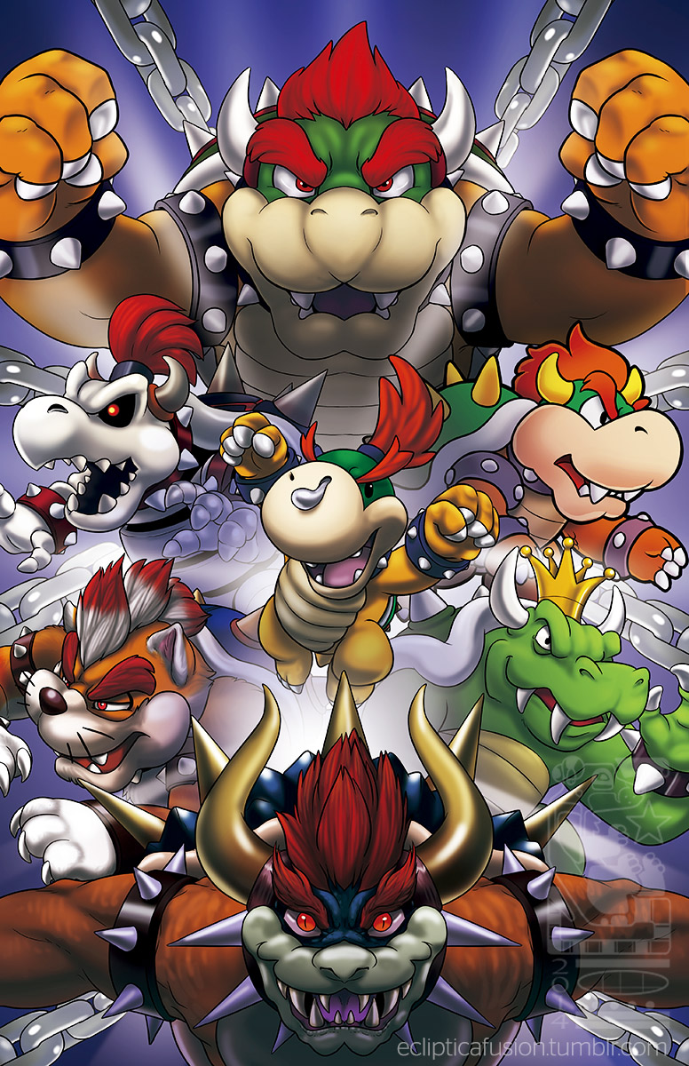 age_difference baby_bowser bowser bracelet chain claws clenched_hands collar crown dated dry_bowser eyebrows giga_bowser glowing glowing_eyes gradient_hair green_skin highres horns jewelry king_koopa looking_at_viewer male_focus mario_(series) meowser mohawk multicolored_hair multiple_persona muscle new_super_mario_bros. no_humans orange_hair orange_skin paper_mario ponytail red_eyes red_hair sharp_teeth shell skeleton slit_pupils snot spiked_bracelet spiked_collar spikes super_mario_3d_world super_mario_bros. super_mario_world_2:_yoshi's_island super_smash_bros. teeth the_super_mario_bros._super_show! thick_eyebrows turtle_shell watermark web_address white_hair
