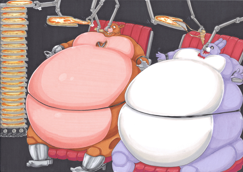 anthro belly bonnie_(fnaf) feeding five_nights_at_freddy's food force_feeding forced foxy_(fnaf) growing inflation machine male mechanical overweight pizza prisonsuit-rabbitman robot torture weight_gain