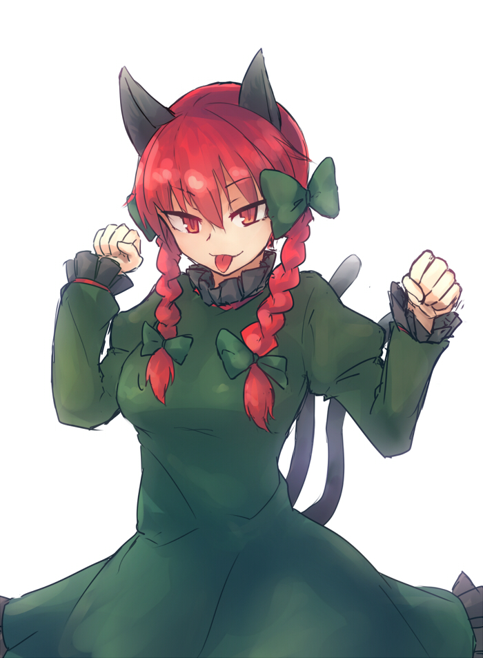 :p animal_ears bow braid cat_ears cat_tail dress hair_bow kaenbyou_rin long_hair looking_at_viewer masa_(neku) multiple_tails nekomata red_eyes red_hair simple_background solo tail tongue tongue_out touhou twin_braids white_background