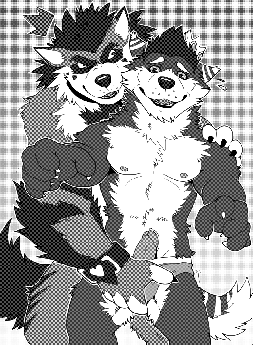 2014 abs aluminemsiren anthro biceps black_nose canine clothing dog duo fur hair husky male mammal muscles nipples pecs penis underwear