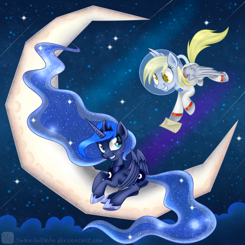2014 astronaut blonde_hair blue_eyes blue_hair cloud crown derp_eyes derpy_hooves_(mlp) duo equine female flying friendship_is_magic hair horn letter mammal moon my_little_pony necklace pegasus princess_luna_(mlp) space sparkles star swanlullaby winged_unicorn wings yellow_eyes