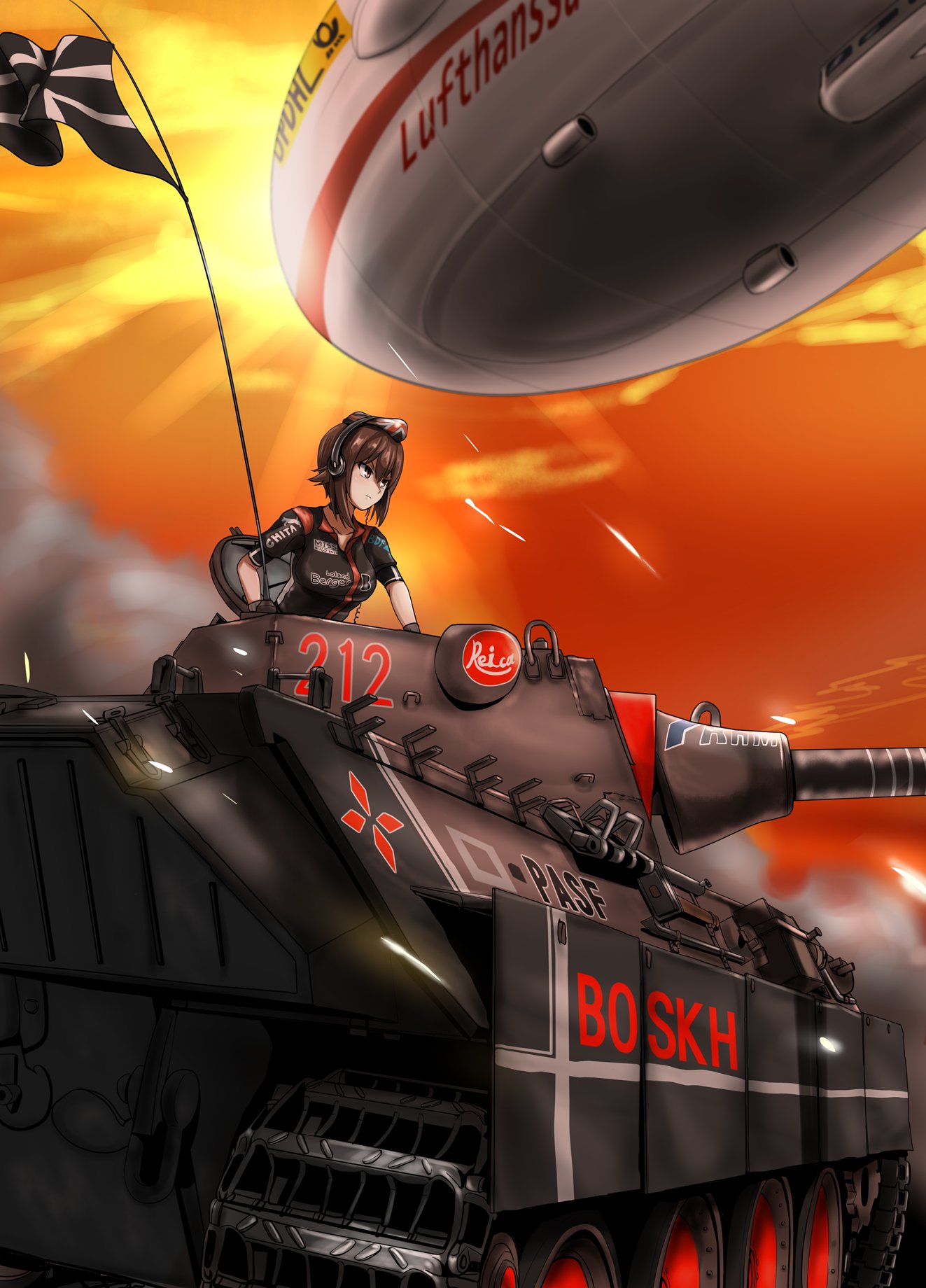 1girl aircraft arm_support bangs black_gloves black_hat black_shirt blimp brown_eyes brown_hair closed_mouth commentary_request dirigible flag frown garrison_cap german_text girls_und_panzer gloves gradient_sky ground_vehicle hat headphones highres iron_cross japanese_clothes kimono leaning_forward logo looking_to_the_side military military_vehicle motor_vehicle nishizumi_maho orange_sky outdoors panzerkampfwagen_panther print_kimono red_sky shirt short_hair short_sleeves sky solo sunlight tank tracer_fire yaruku