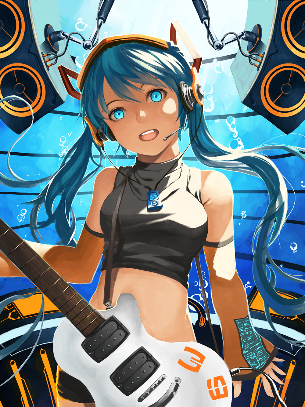 alternate_costume aqua_eyes aqua_hair bubble cowboy_shot crop_top detached_sleeves guitar hatsune_miku headset highres instrument left-handed long_hair looking_at_viewer midriff no_strings open_mouth rikkido shirt sling smile solo speaker taut_clothes taut_shirt twintails upside-down vocaloid water