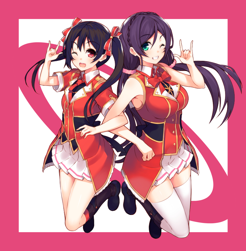 2girls big_breasts black_hair breasts duo female large_breasts love_live!_school_idol_project matching_outfits multiple_girls ponkotsu_(ayarosu) purple_hair thighhighs toujou_nozomi twintails wink yazawa_nico