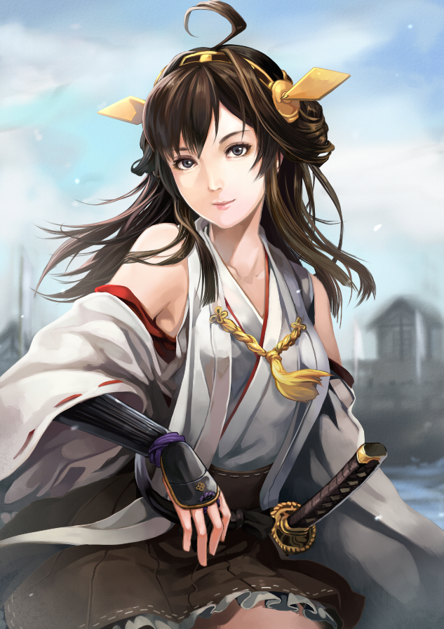 bare_shoulders brown_hair detached_sleeves hair_ornament japanese_clothes kantai_collection katana kongou_(kantai_collection) nontraditional_miko riku_(wana) solo sword weapon