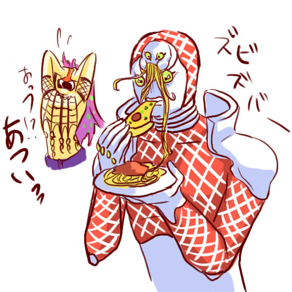 diavolo eating food hair human jojo's_bizarre_adventure kamiura_(artist) king_crimson male mammal open_mouth pain pizza purple_hair spaghetti what