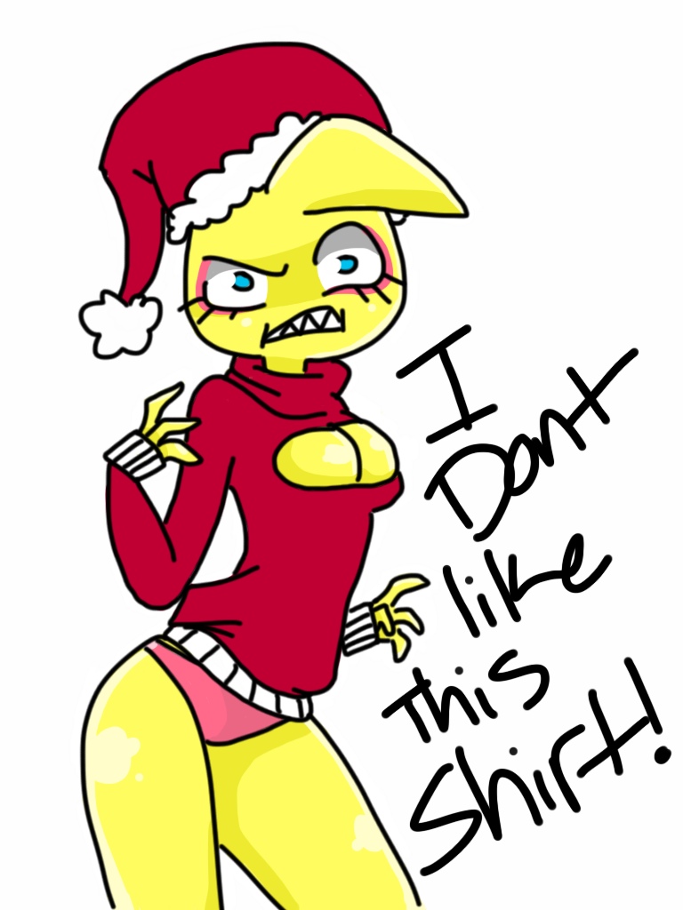 animatronic blue_eyes christmas cleavage clothed clothing english_text female five_nights_at_freddy's five_nights_at_freddy's_2 hat holidays keyhole_turtleneck looking_at_viewer machine mechanical panties pom_hat robot santa_hat solo sweater text toy_chica_(fnaf) underwear