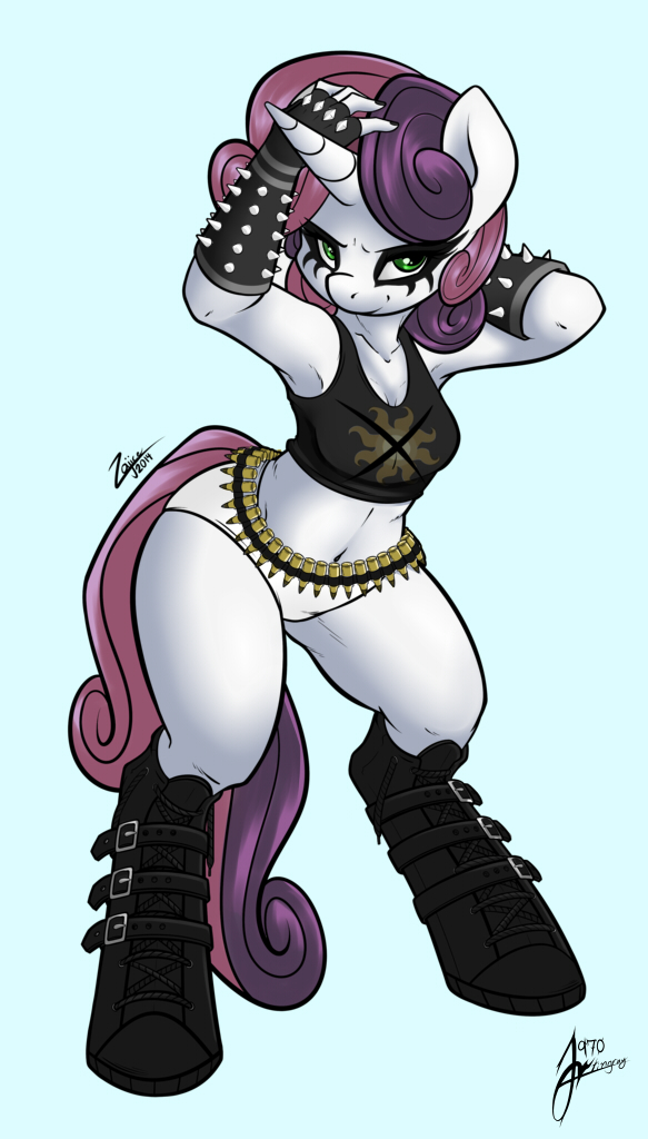 2014 ammo_belt anthro clothing colored digital_media_(artwork) equine female fingerless_gloves friendship_is_magic gloves green_hair hair horn looking_at_viewer mammal my_little_pony panties plain_background solo standing stingray970 sweetie_belle_(mlp) two_tone_hair underwear unicorn white_body zajice