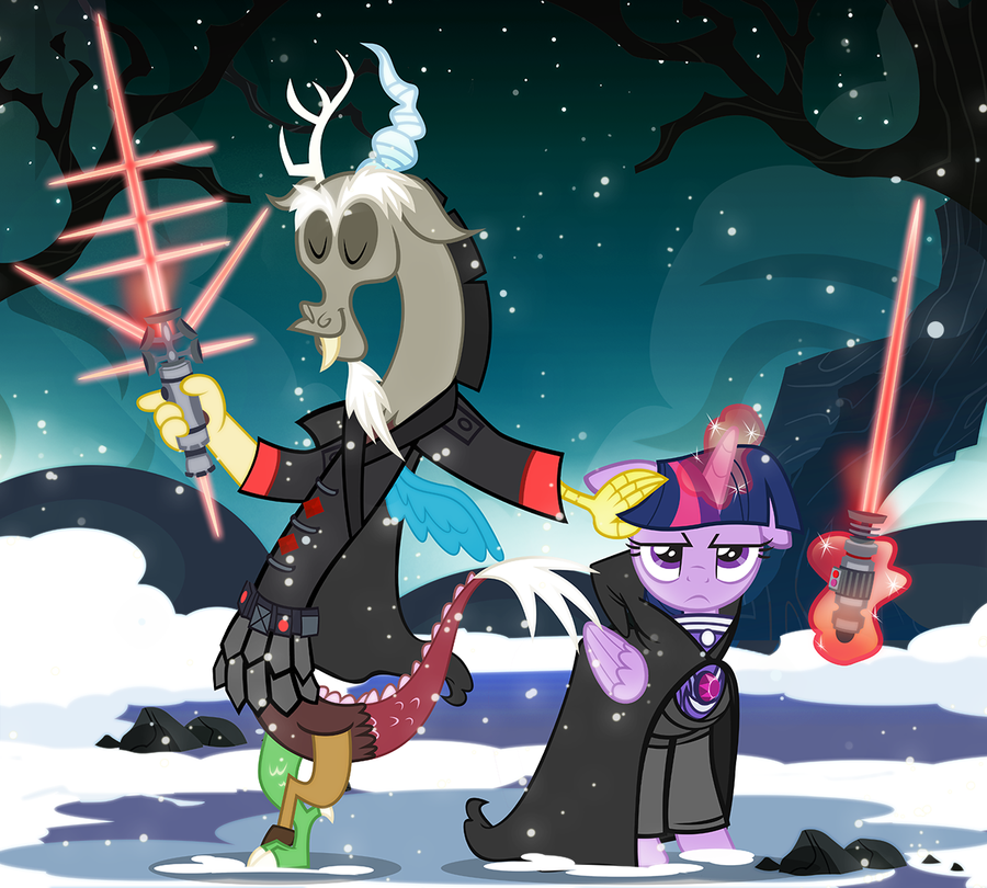 2014 annoyed cape cloak clothing dead_tree discord_(mlp) draconequus equine fangs female friendship_is_magic glowing horn levitation lightsaber magic male mammal my_little_pony pixelkitties purple_eyes snow snowing sparkles standing tree twilight_sparkle_(mlp) weapon winged_unicorn wings