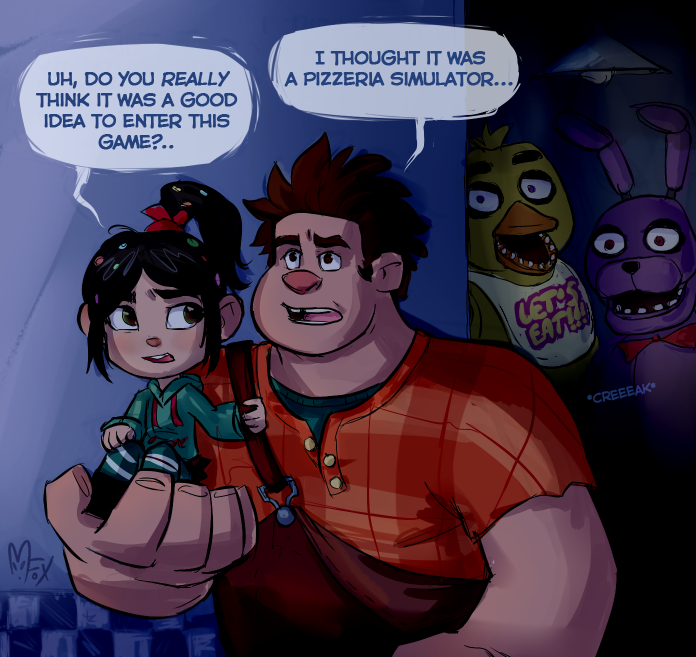 animatronic anthro bonnie_(fnaf) chica_(fnaf) crossover dialogue english_text female five_nights_at_freddy's group human machine male mammal mechanical mistrel-fox ralph_(wreck-it_ralph) robot text vanellope_von_schweetz video_games wreck-it_ralph young