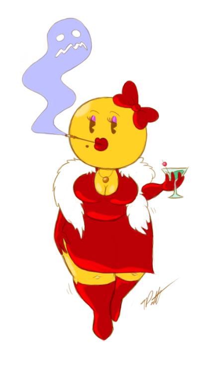 alcohol beauty_mark beverage chubby cigarette cleavage clothed clothing eyeshadow female gloves holding_glass lips lipstick looking_at_viewer makeup ms_pac-man necklace pac-man_(series) red_lips smoking solo thick_thighs timoteihiv wide_hips