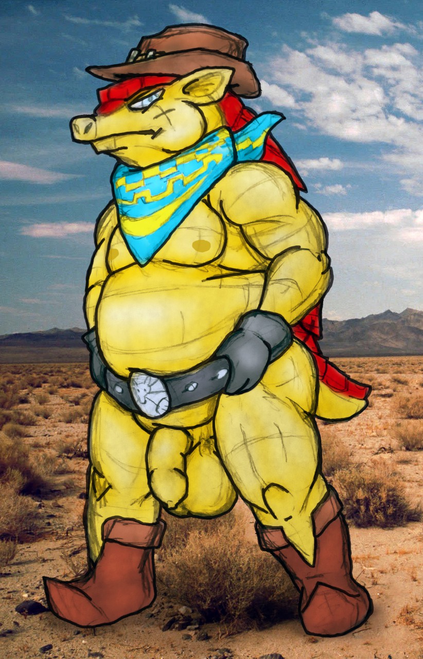 2014 armadillo balls bandanna belt big_balls boots chubby colored desert dillon dillon's_rolling_western flaccid gloves grumpy hanging_balls hat krokopakhus looking_at_viewer male mammal musclegut nipples nude outside penis photo_background solo standing uncut