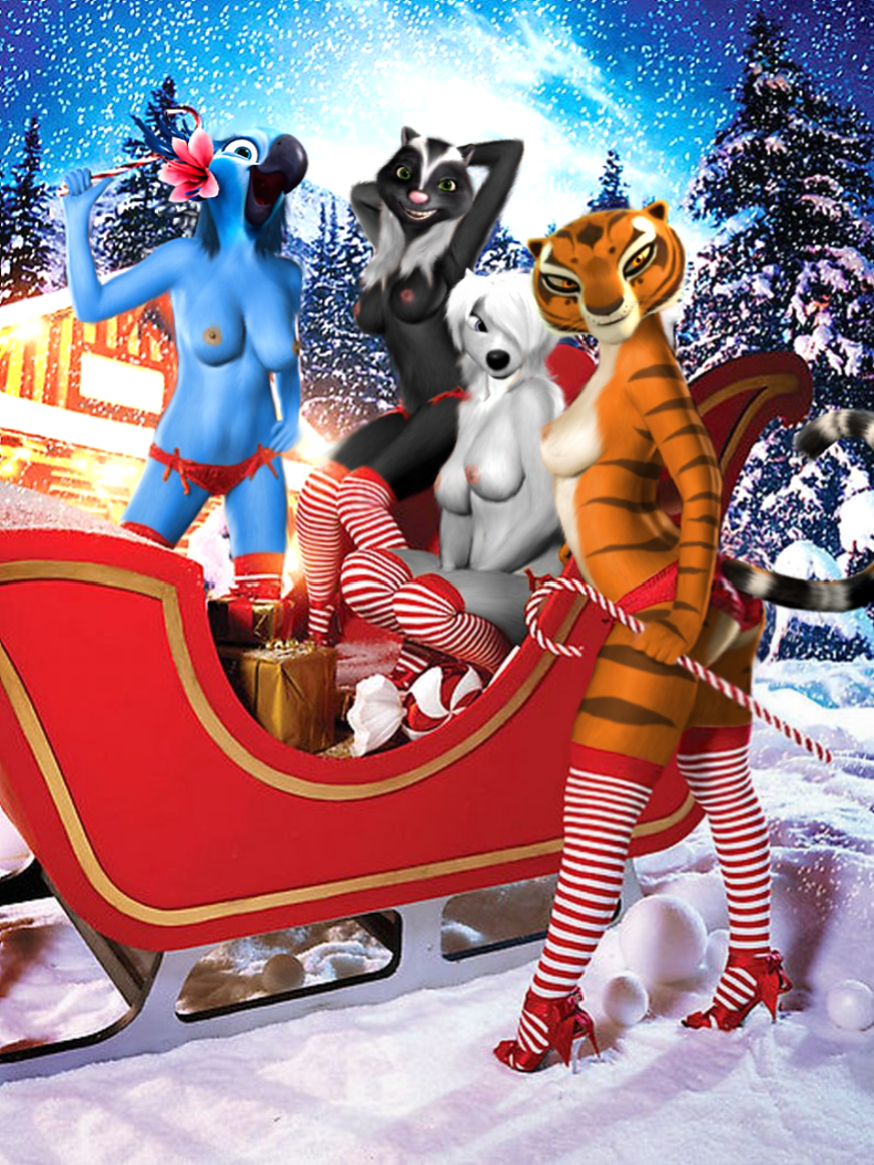 alpha_and_omega anthro anthrofied avian big_breasts big_butt bird breasts butt canine christmas clothed clothing crossover edit feline female group half-dressed holidays jewel_(rio) kung_fu_panda legwear lilly macaw mammal master_tigress over_the_hedge oystercatcher7 parrot photo_manipulation photomorph rio skunk sleigh snow stella stockings tiger topless wolf