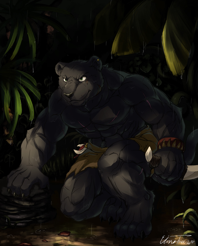 2014 abs anthro biceps black_fur black_nose black_panther cinna-tree claws clothed clothing crouching feline fur green_eyes half-dressed jungle male mammal muscles panther pecs pose scar shorts solo toned topless weapon