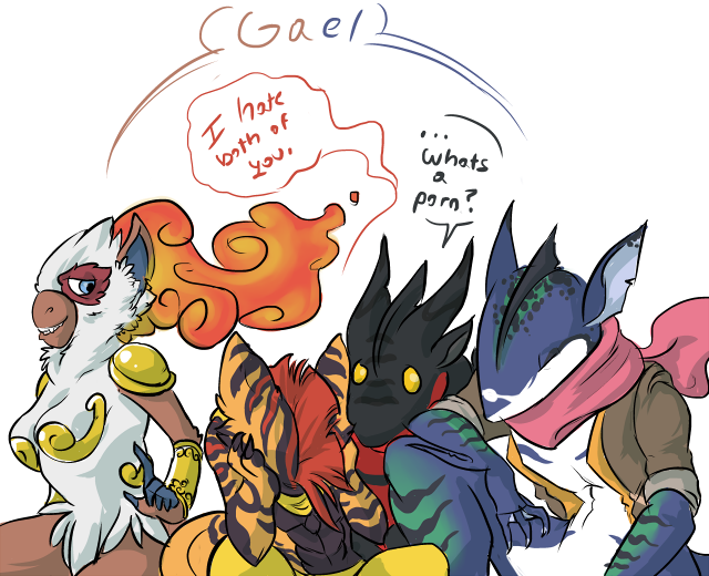acel_the_gabite anthro anthrofied armor beelzemon_(artist) clothed clothing colored derp embarrassed english_text eyes_closed female ga&euml;l_the_scrafty gabite greninja group half-dressed infernape jacket luce_the_greninja male nintendo o_o pok&eacute;mon quinn_the_infernape scrafty sitting speech_bubble text topless unconvincing_armor video_games