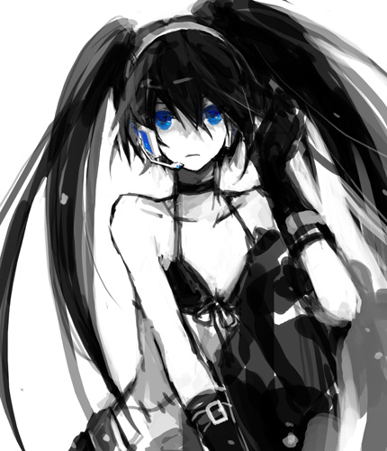 bad_id bad_pixiv_id bikini_top black_hair black_rock_shooter black_rock_shooter_(character) blue_eyes gloves headphones headset i-riya long_hair lowres midriff navel pale_skin scar shorts simple_background solo twintails uneven_twintails