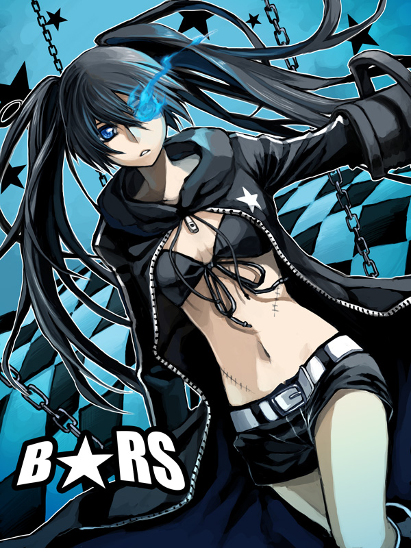 arm_cannon bad_id bad_pixiv_id belt bikini_top black_hair black_rock_shooter black_rock_shooter_(character) blue_eyes boots burning_eye chain coat long_hair midriff navel obo parted_lips scar shorts solo star twintails weapon