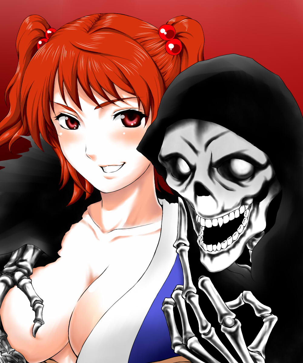 :d blush breast_grab breasts cleavage collarbone death_(entity) evil_grin evil_smile grabbing grim_reaper grin groping hair_bobbles hair_ornament highres hood hotpants_(i'm_hot_yet!) hug large_breasts looking_at_viewer middle_finger no_bra onozuka_komachi open_clothes open_mouth open_shirt red_background red_eyes red_hair shadowgate shirt short_hair simple_background skeleton skull smile solo_focus teeth touhou two_side_up upper_body v-shaped_eyebrows