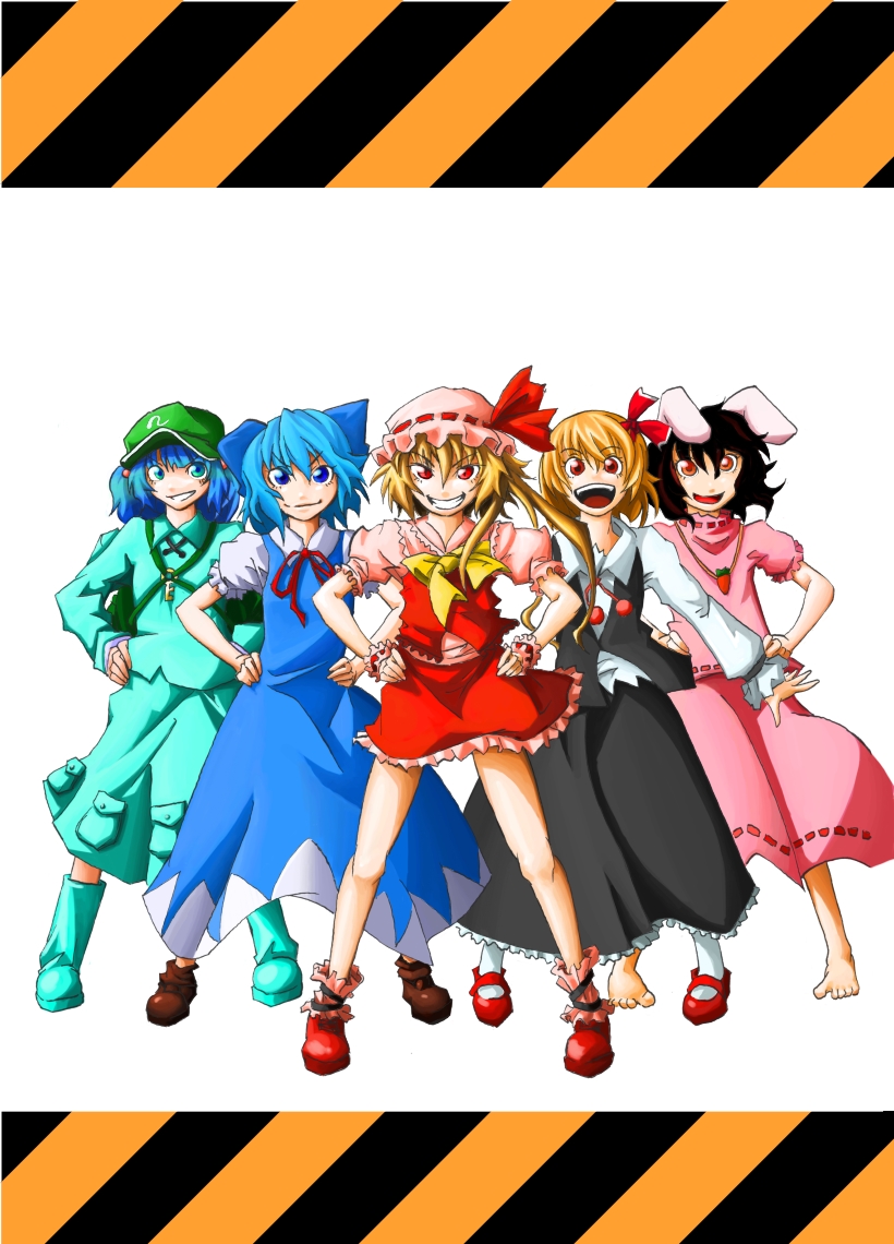 &gt;:) :d animal_ears backpack bad_id bad_pixiv_id bag barefoot black_hair blonde_hair blue_eyes blue_hair bow bunny_ears cirno flandre_scarlet grin hair_ribbon hands_on_hips hat inaba_tewi kawashiro_nitori multiple_girls no_wings one_side_up open_mouth parody ponytail red_eyes ribbon rumia sentai short_hair smile super_sentai takuzo touhou two_side_up v-shaped_eyebrows